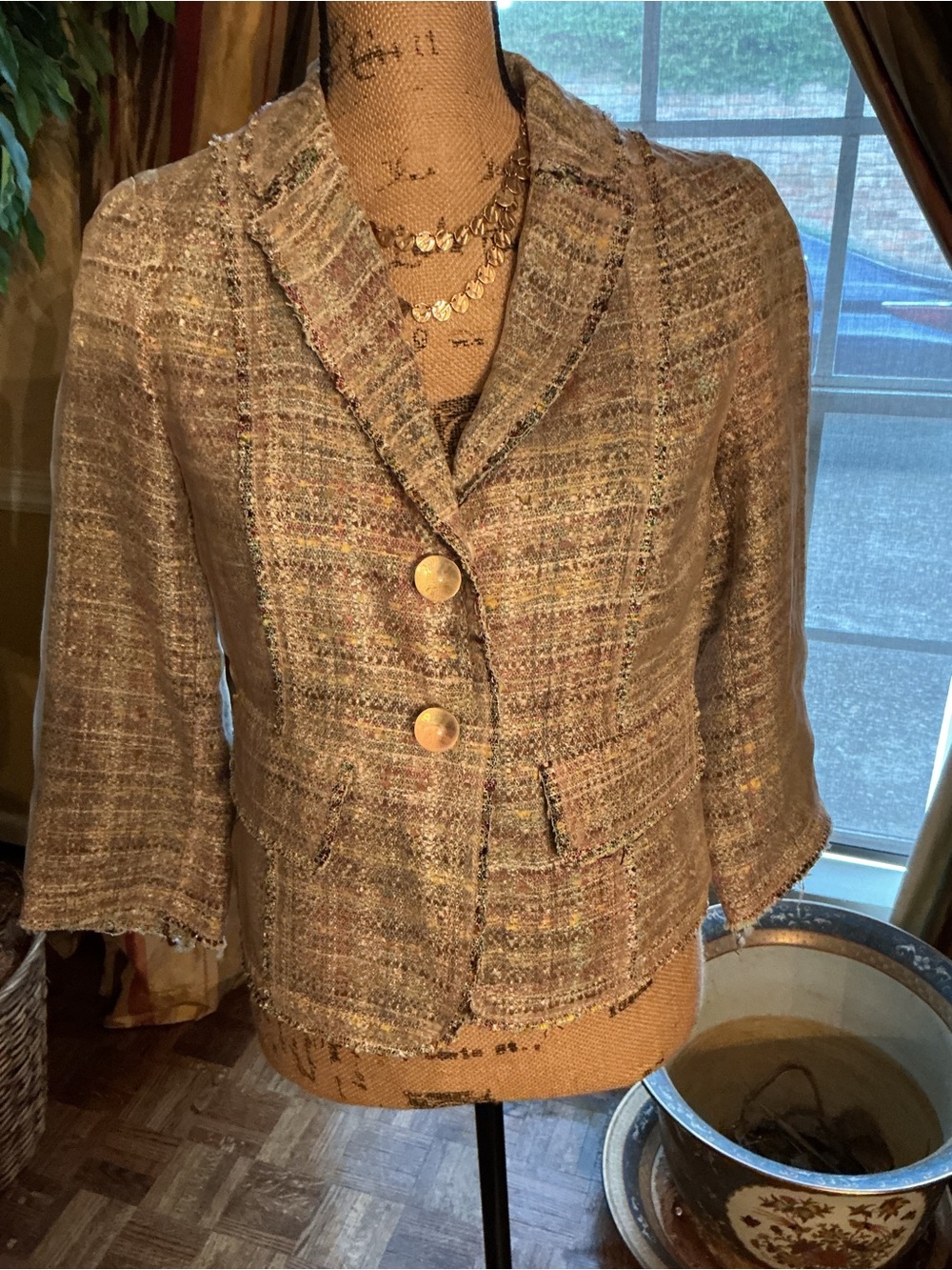 Etcetera Tweed Cropped Blazer in Neutral Multicolor